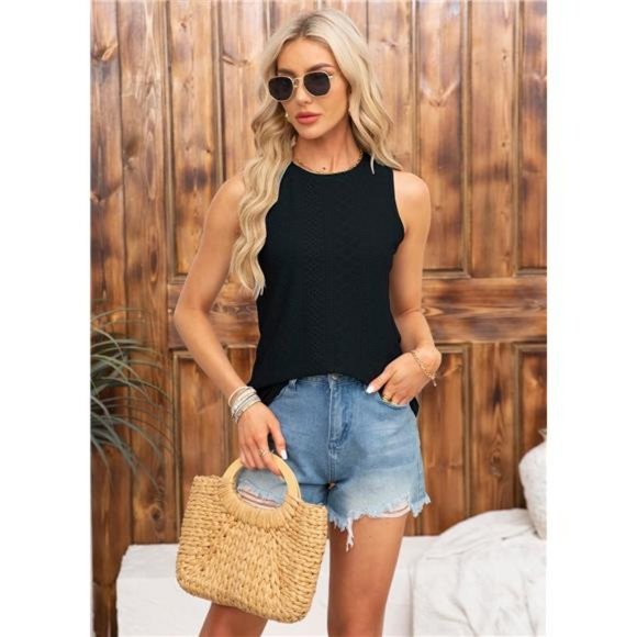 Womens Tank Tops Eyelet Embroidery Summer Sleeveless High Neck Loose Flowy Shirt - Picture 5 of 7